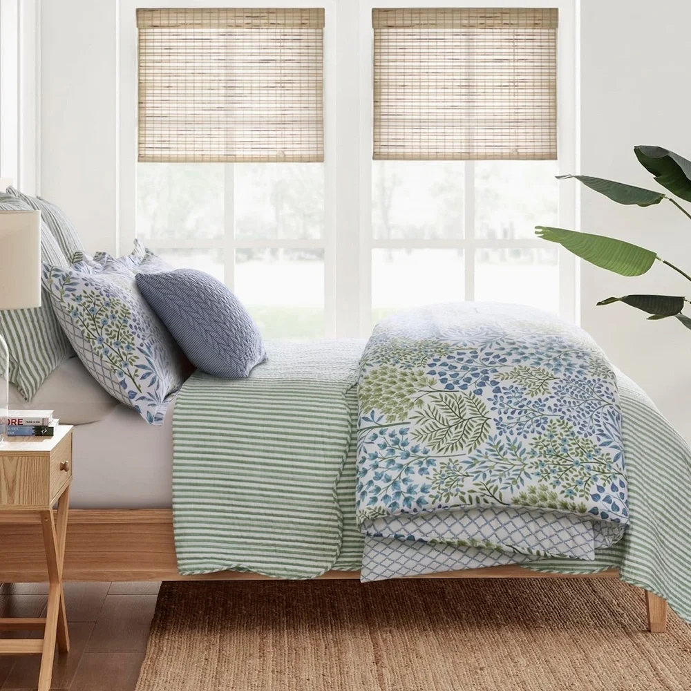 🆕 PB Style Green & White Striped Cotton Quilt Coverlet Scalloped Trim Set NWT